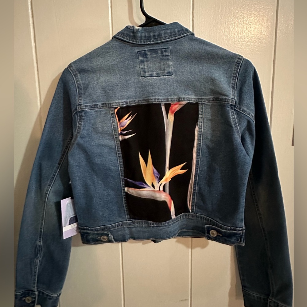 Hawaiian print Denim "bird of paradise" jacket
